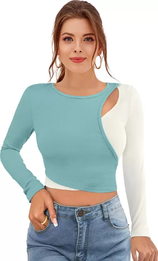 Casual Regular Sleeves Color Block Women Light Blue, White Top